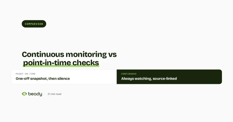 Cover illustration for the article “Continuous monitoring vs point-in-time due diligence: why snapshots fail modern funds”