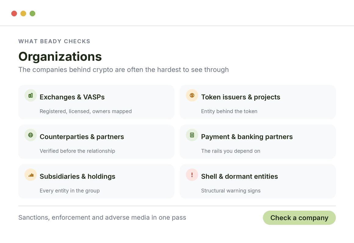What Beady checks in crypto, organizations: exchanges and VASPs, token issuers and projects, counterparties, payment and banking partners, shell entities