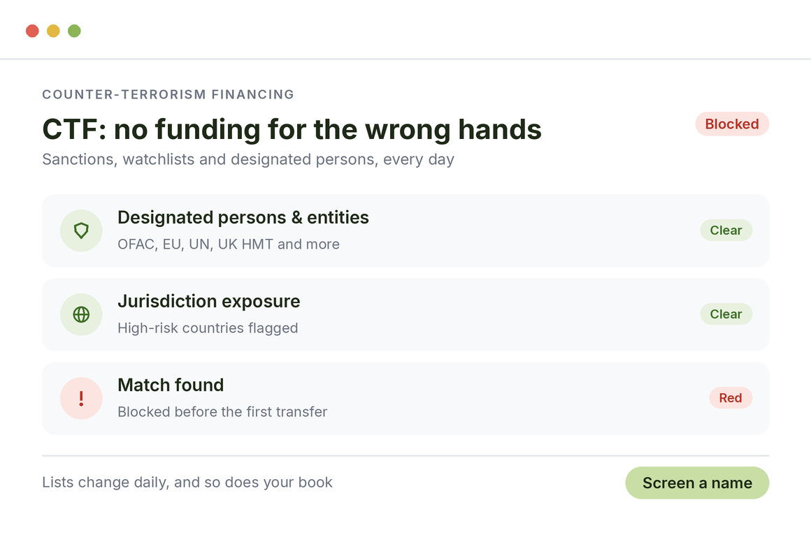 Counter-terrorism financing for crypto: designated persons and entities across OFAC, EU, UN and UK HMT, jurisdiction exposure flagged, a match blocked before the first transfer