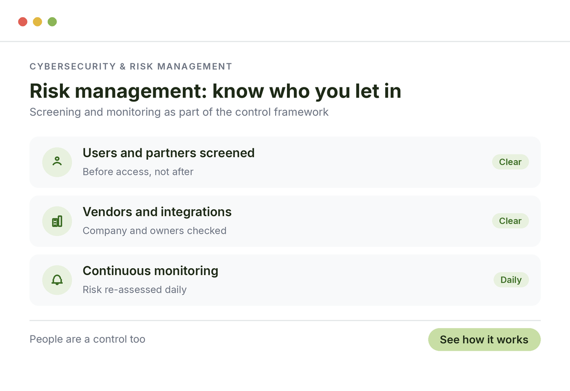 Cybersecurity and risk-management standards for crypto: users and partners screened before access, vendors and integrations checked, continuous monitoring