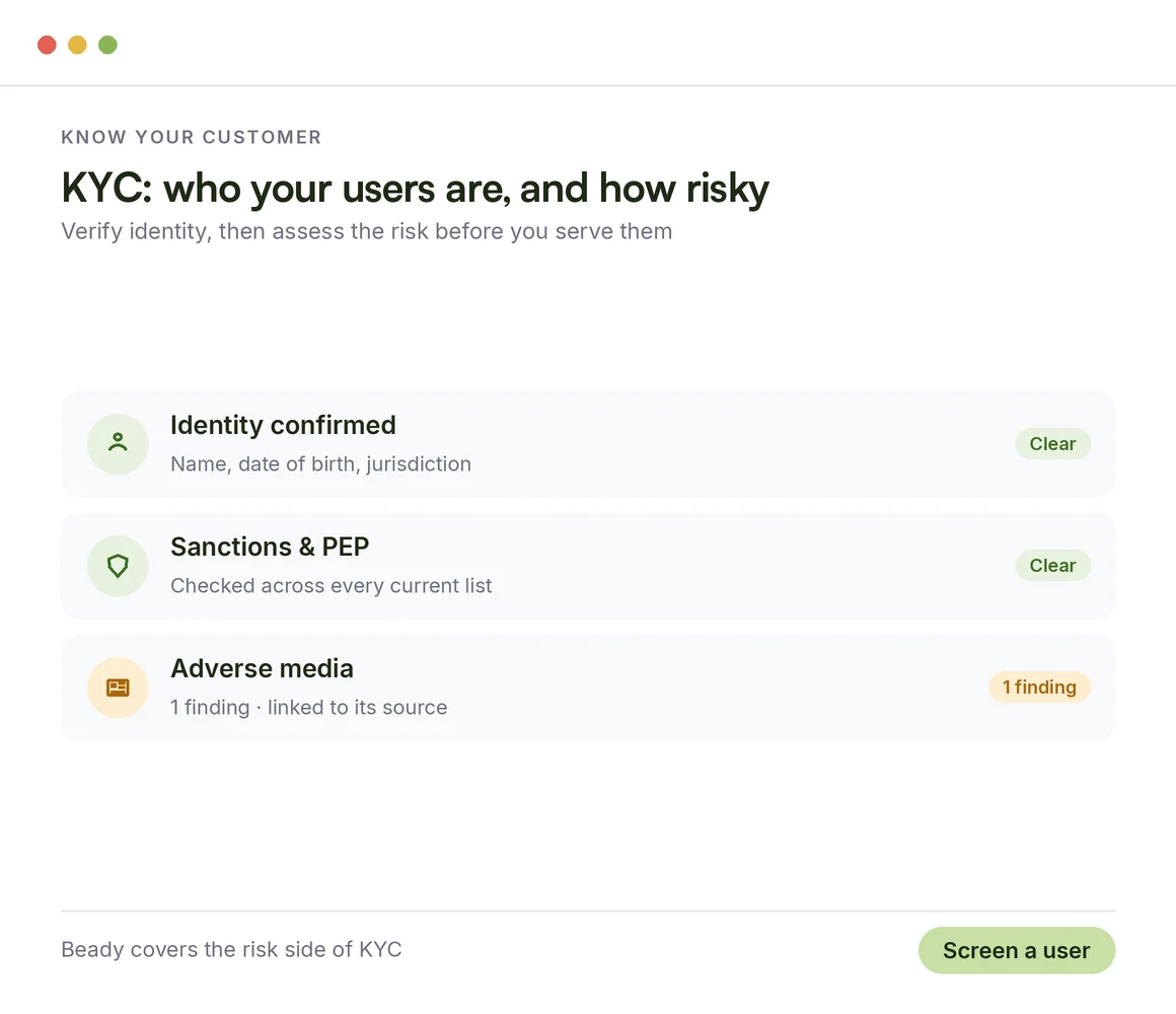 KYC for crypto: identity confirmed, sanctions and PEP checked across every list, one adverse media finding linked to its source