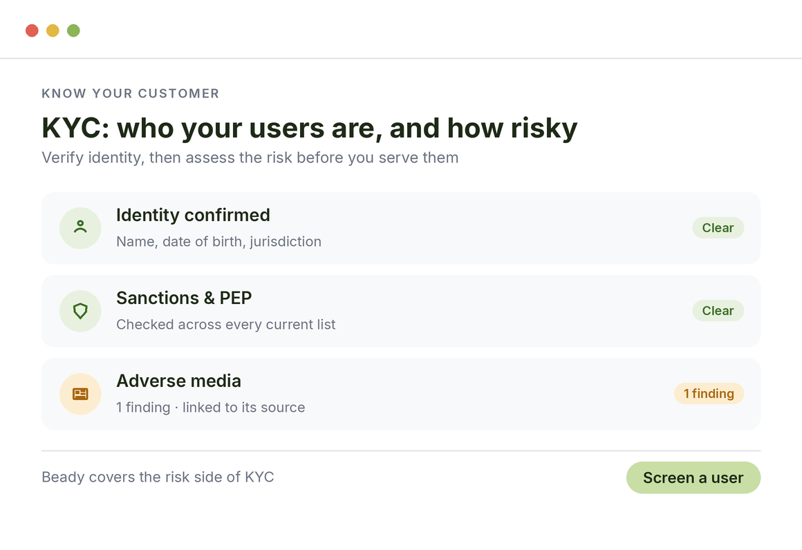 KYC for crypto: identity confirmed, sanctions and PEP checked across every list, one adverse media finding linked to its source