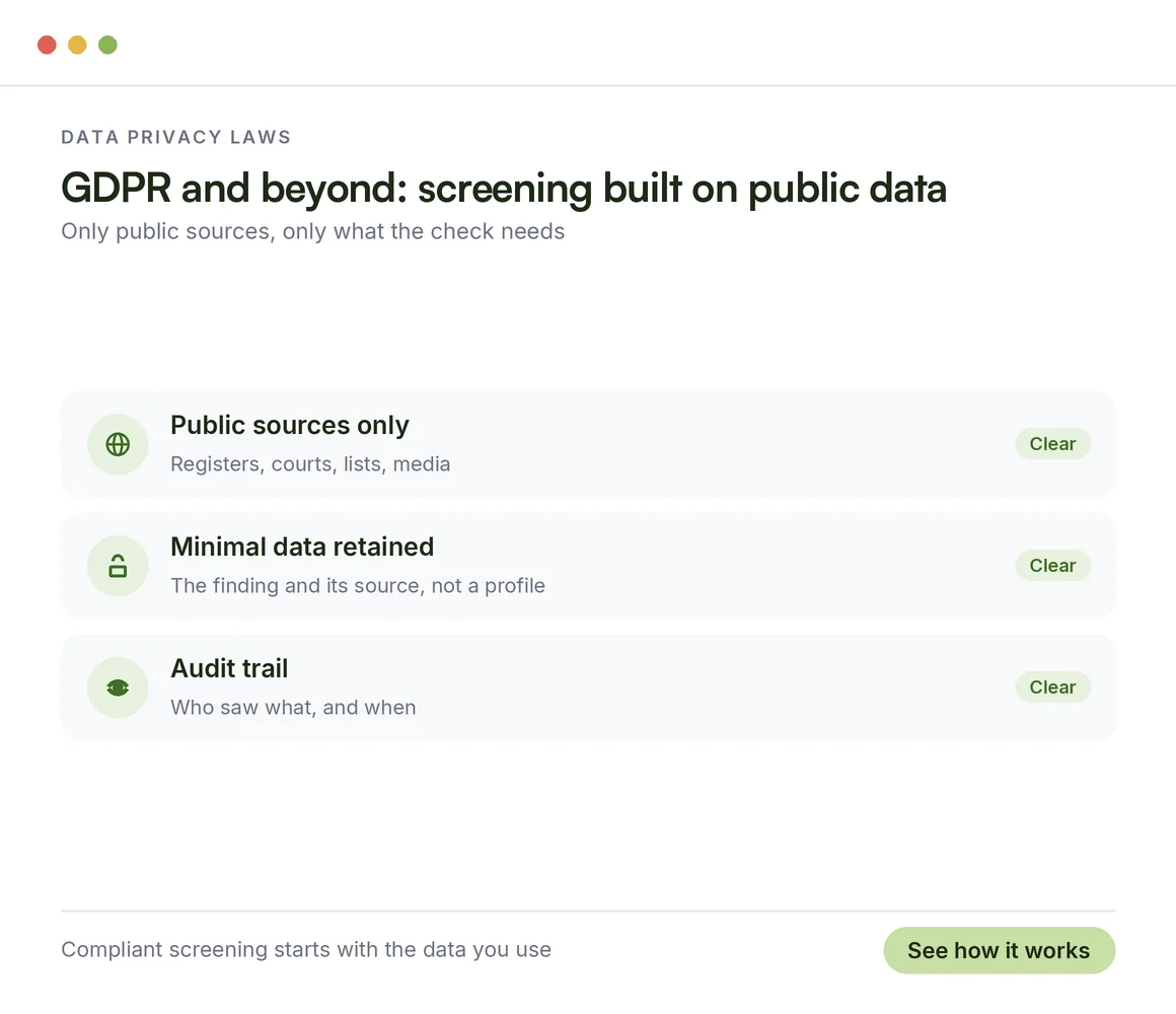 Data privacy laws and crypto screening: public sources only, minimal data retained, an audit trail of who saw what and when