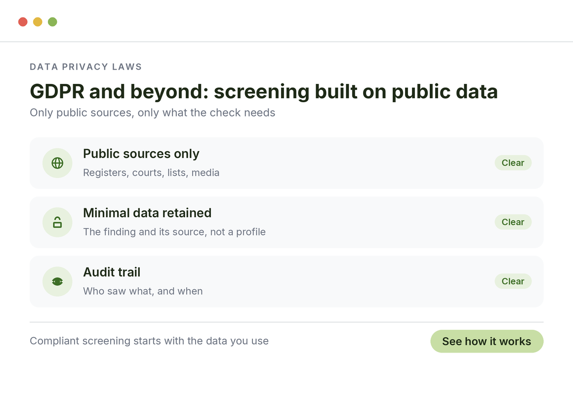 Data privacy laws and crypto screening: public sources only, minimal data retained, an audit trail of who saw what and when