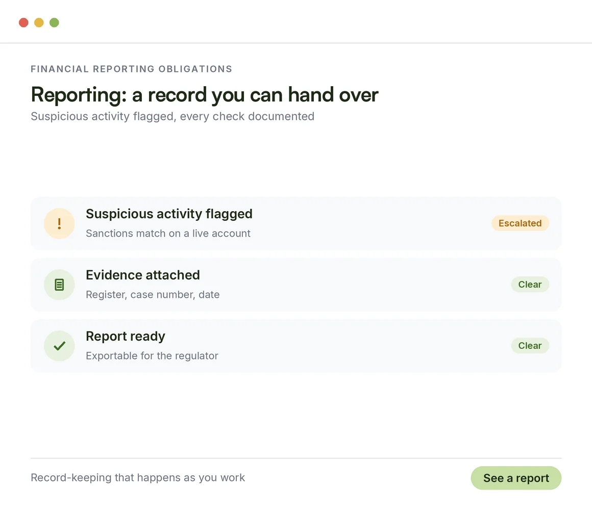 Financial reporting obligations for crypto: suspicious activity flagged, evidence attached with register and case number, a report ready to export for the regulator