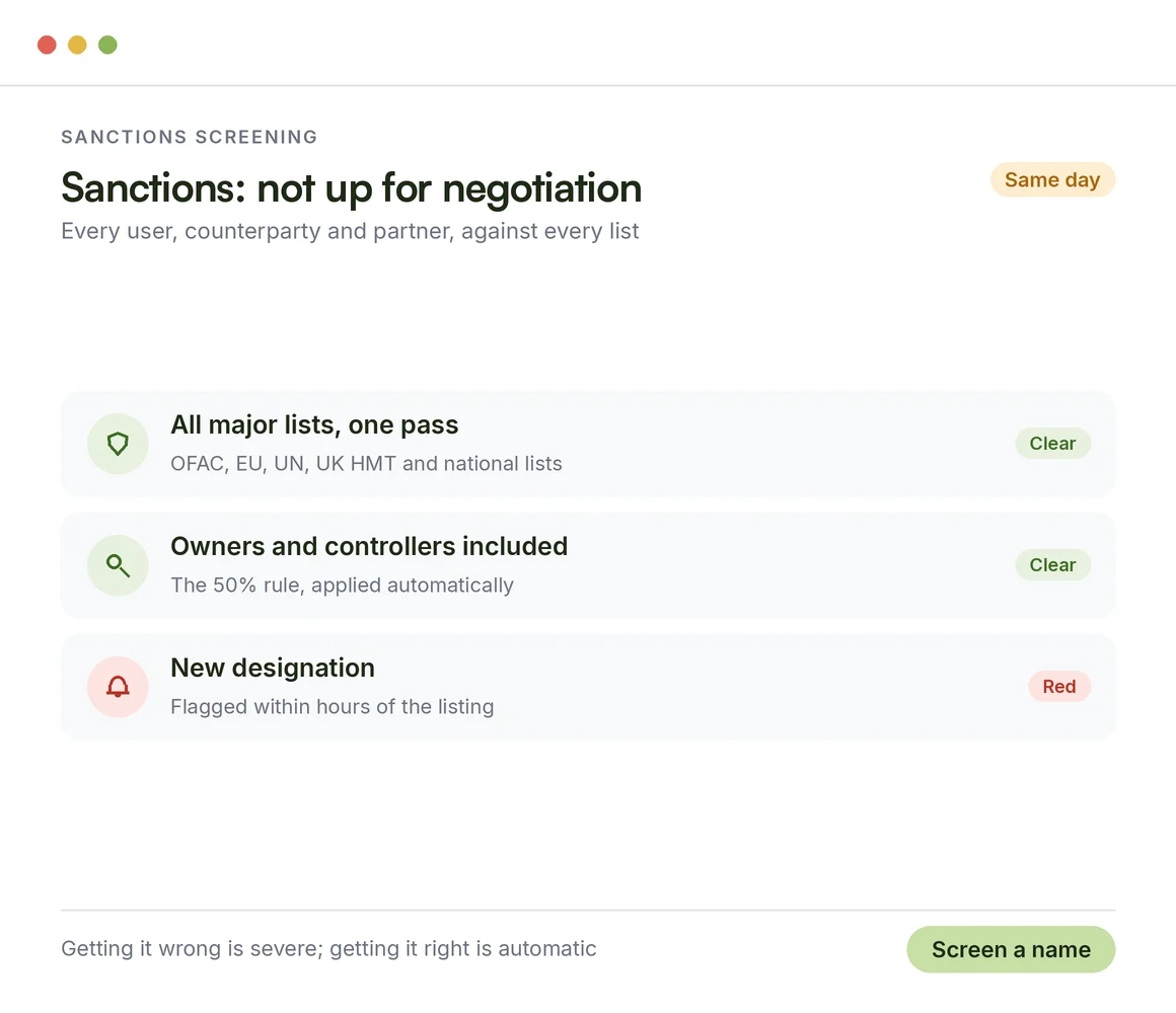 Sanctions screening for crypto: all major lists in one pass, owners and controllers included under the 50% rule, a new designation flagged within hours