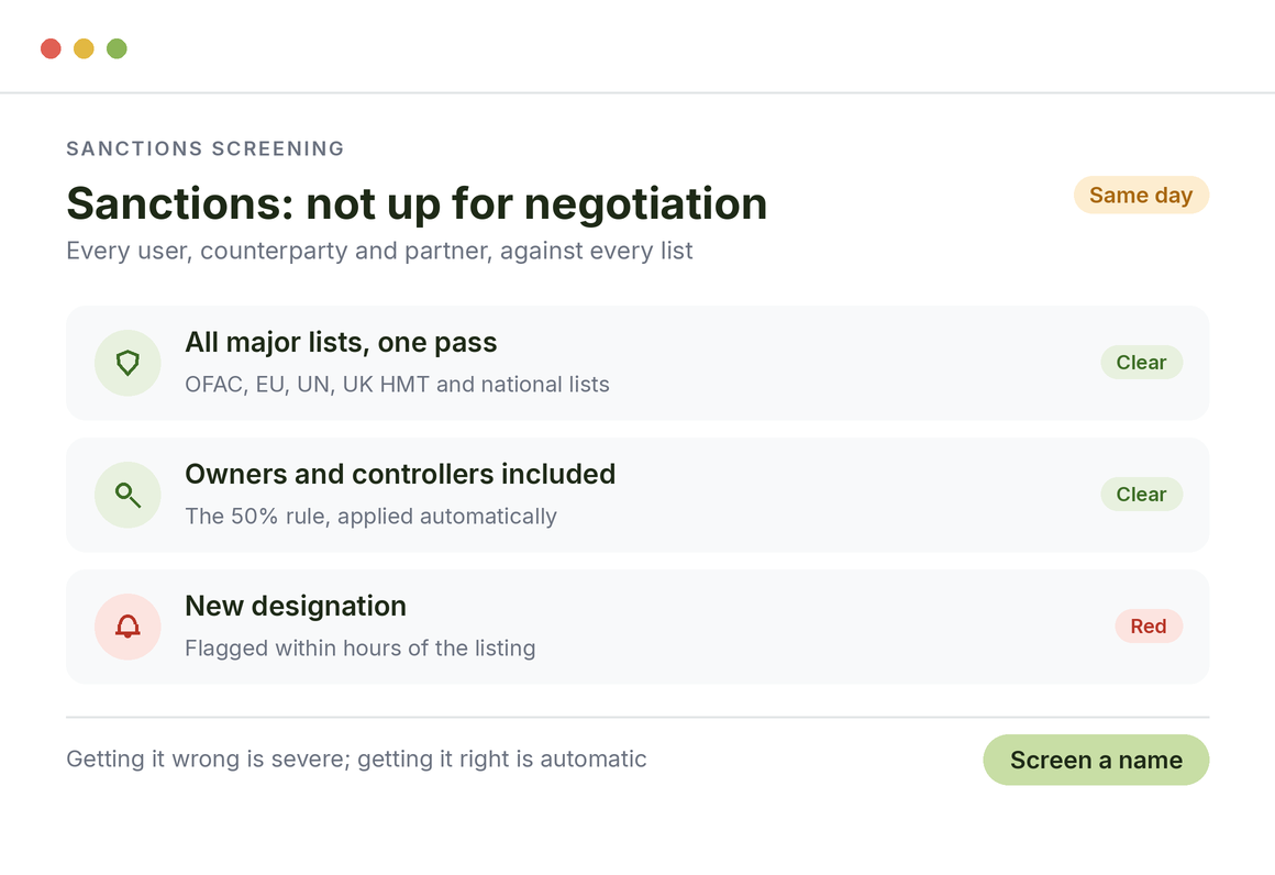 Sanctions screening for crypto: all major lists in one pass, owners and controllers included under the 50% rule, a new designation flagged within hours
