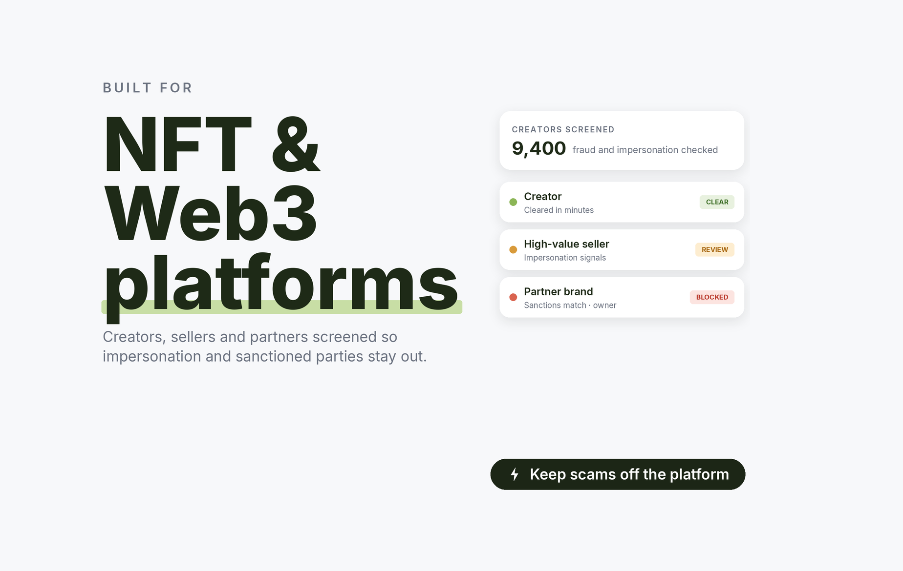 Beady for NFT and Web3 platforms: creators cleared in minutes, a high-value seller with impersonation signals, a partner brand blocked on an owner sanctions match