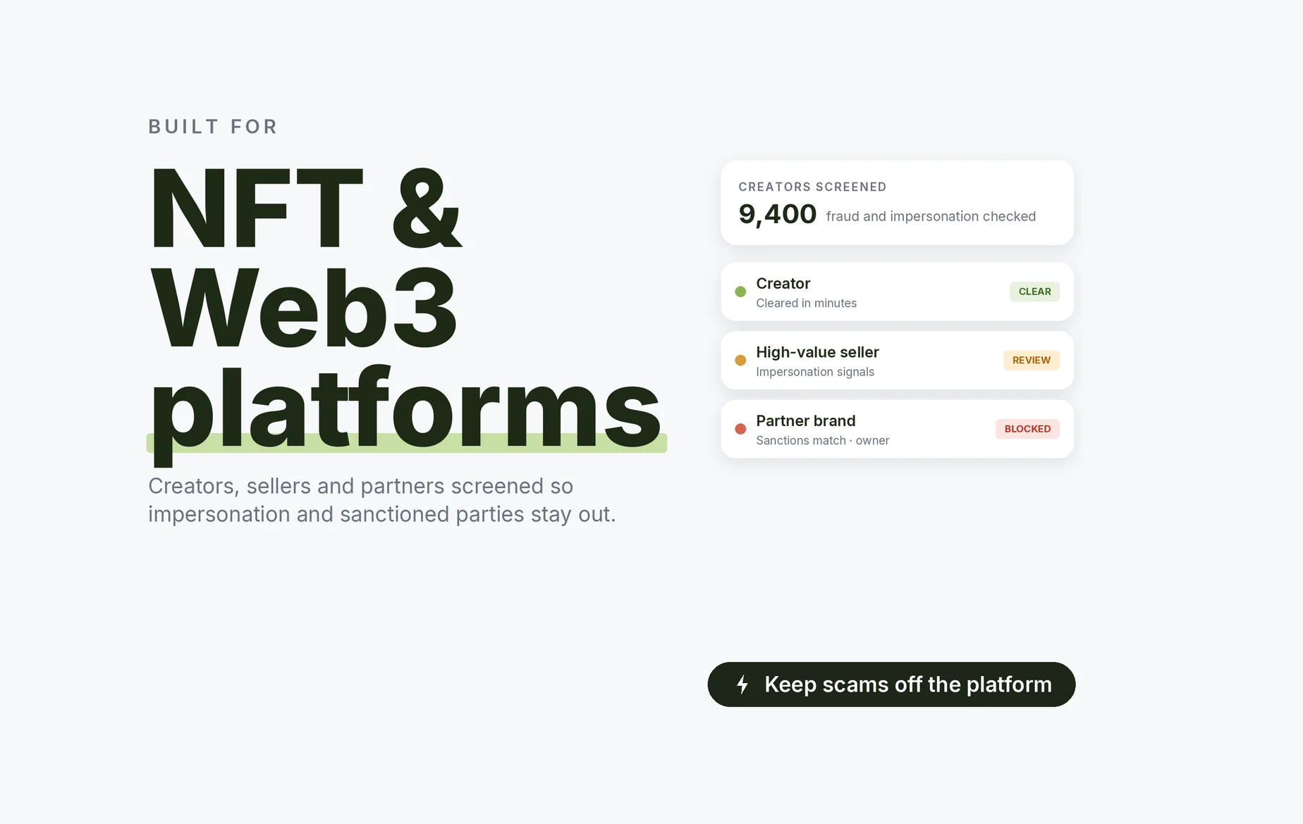 Beady for NFT and Web3 platforms: creators cleared in minutes, a high-value seller with impersonation signals, a partner brand blocked on an owner sanctions match