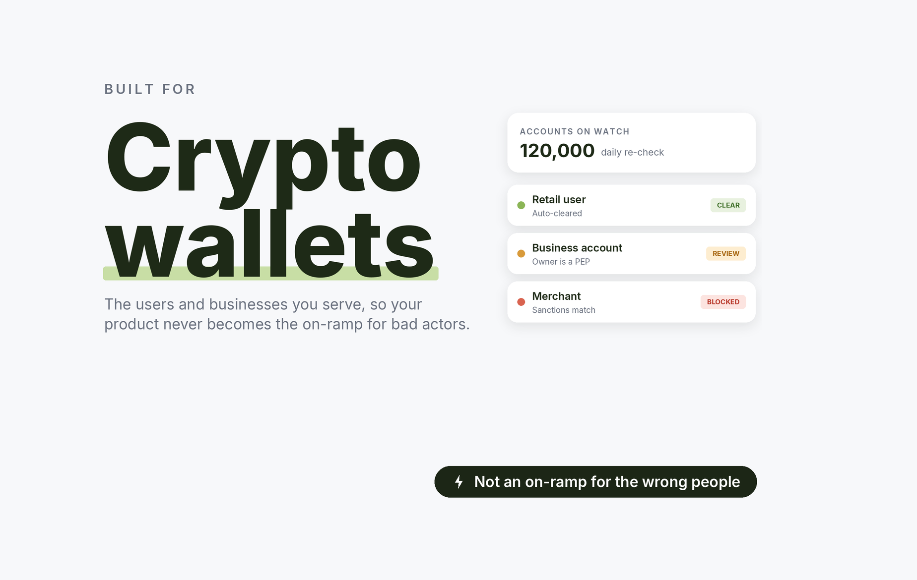 Beady for crypto wallets: retail users auto-cleared, a business account whose owner is a PEP under review, a merchant blocked on a sanctions match