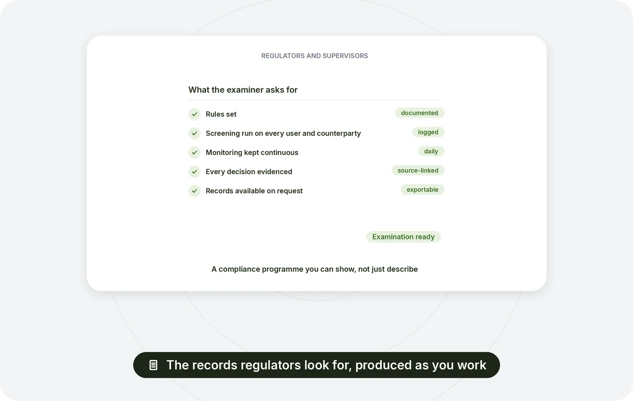 Regulators and supervisors: rules set, checks run, evidence shown on request, a compliance programme you can show, not just describe
