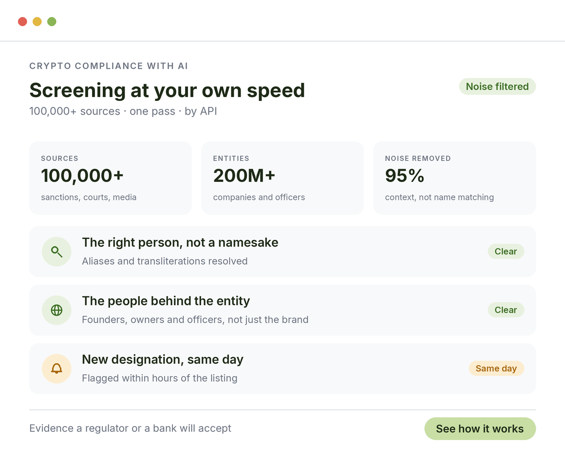 Crypto compliance with AI: 100,000+ sources, 200M+ entities, 95% noise removed, the right person not a namesake, new designations flagged the same day