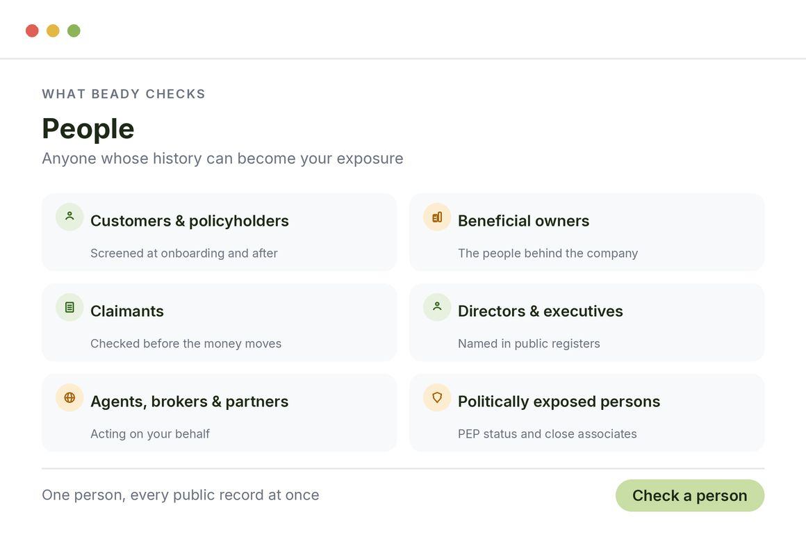 People Beady checks for financial institutions: customers, beneficial owners, claimants, directors, agents and PEPs