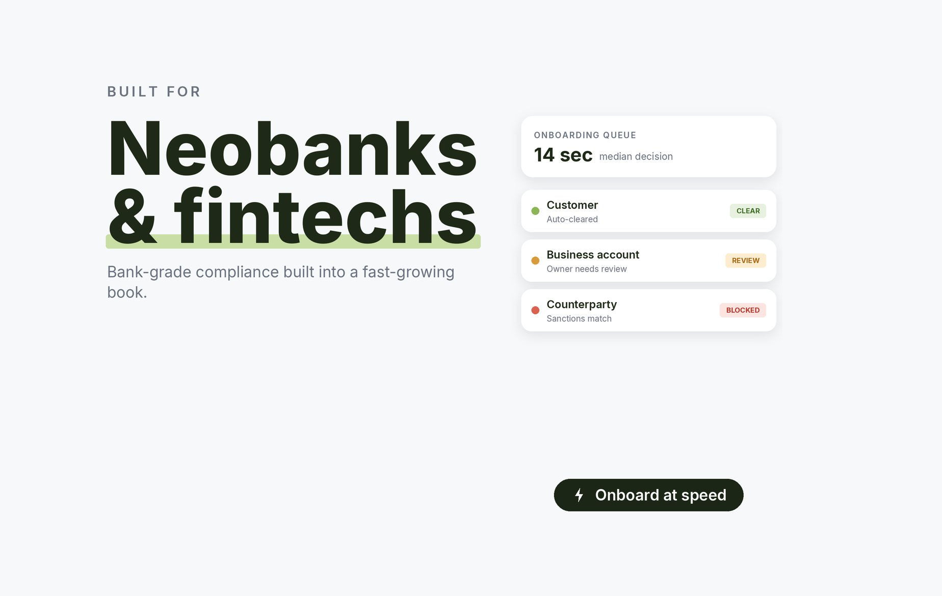 Beady for neobanks and fintechs: bank-grade screening at onboarding speed