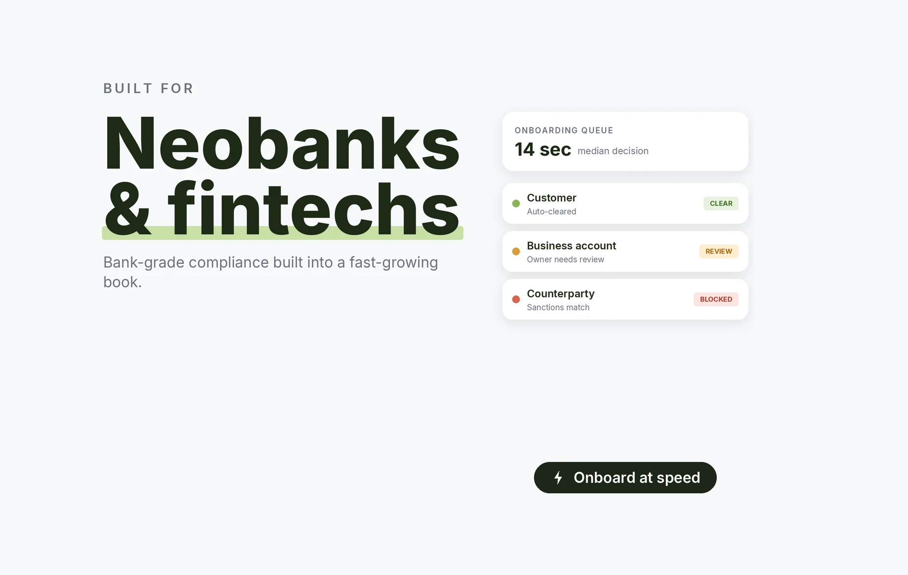 Beady for neobanks and fintechs: bank-grade screening at onboarding speed