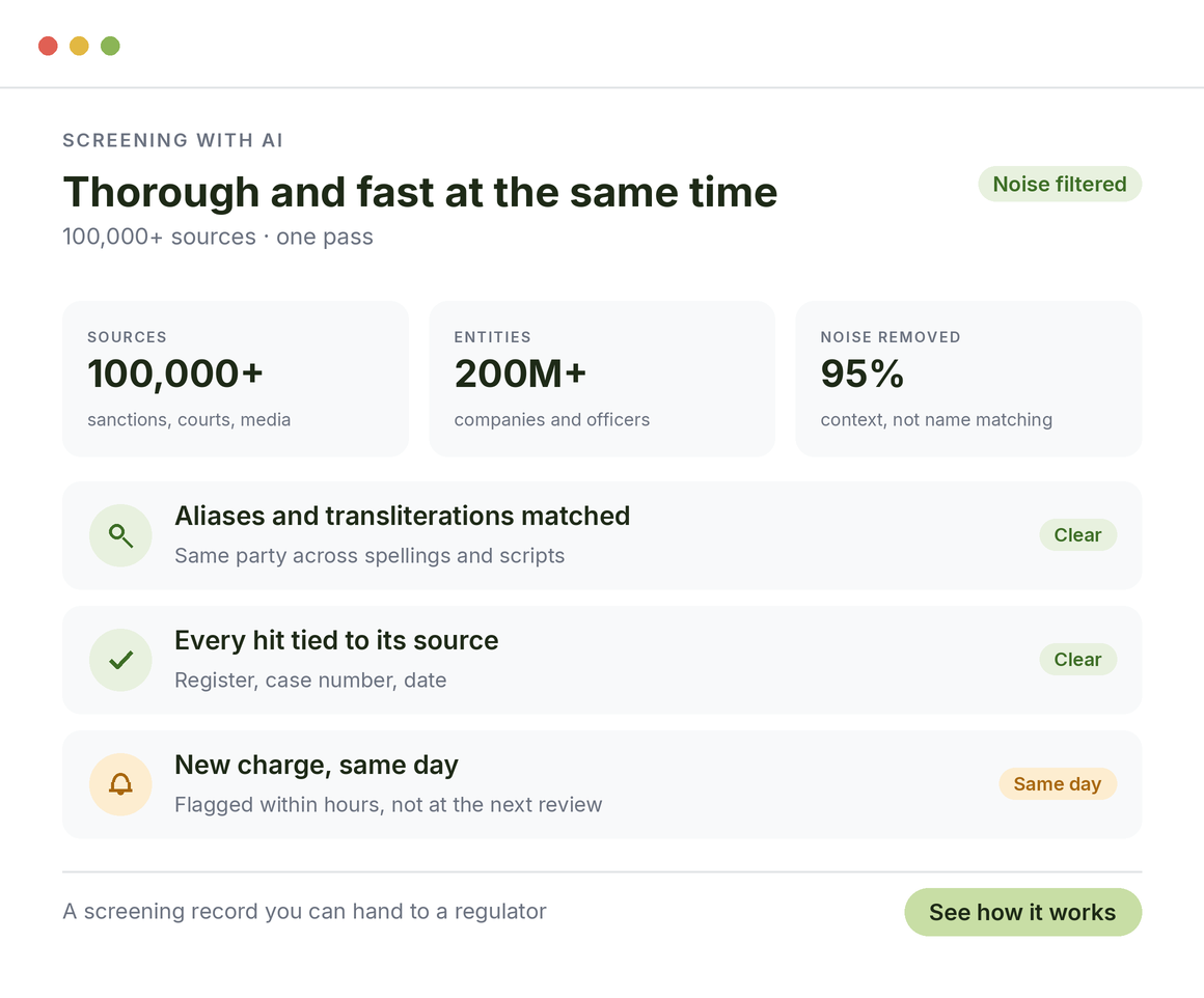 AI screening across 100,000+ sources with noise filtered and every hit tied to its source
