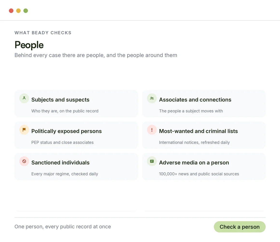 What Beady checks on people: sanctions, PEP, most-wanted, criminal lists and adverse media