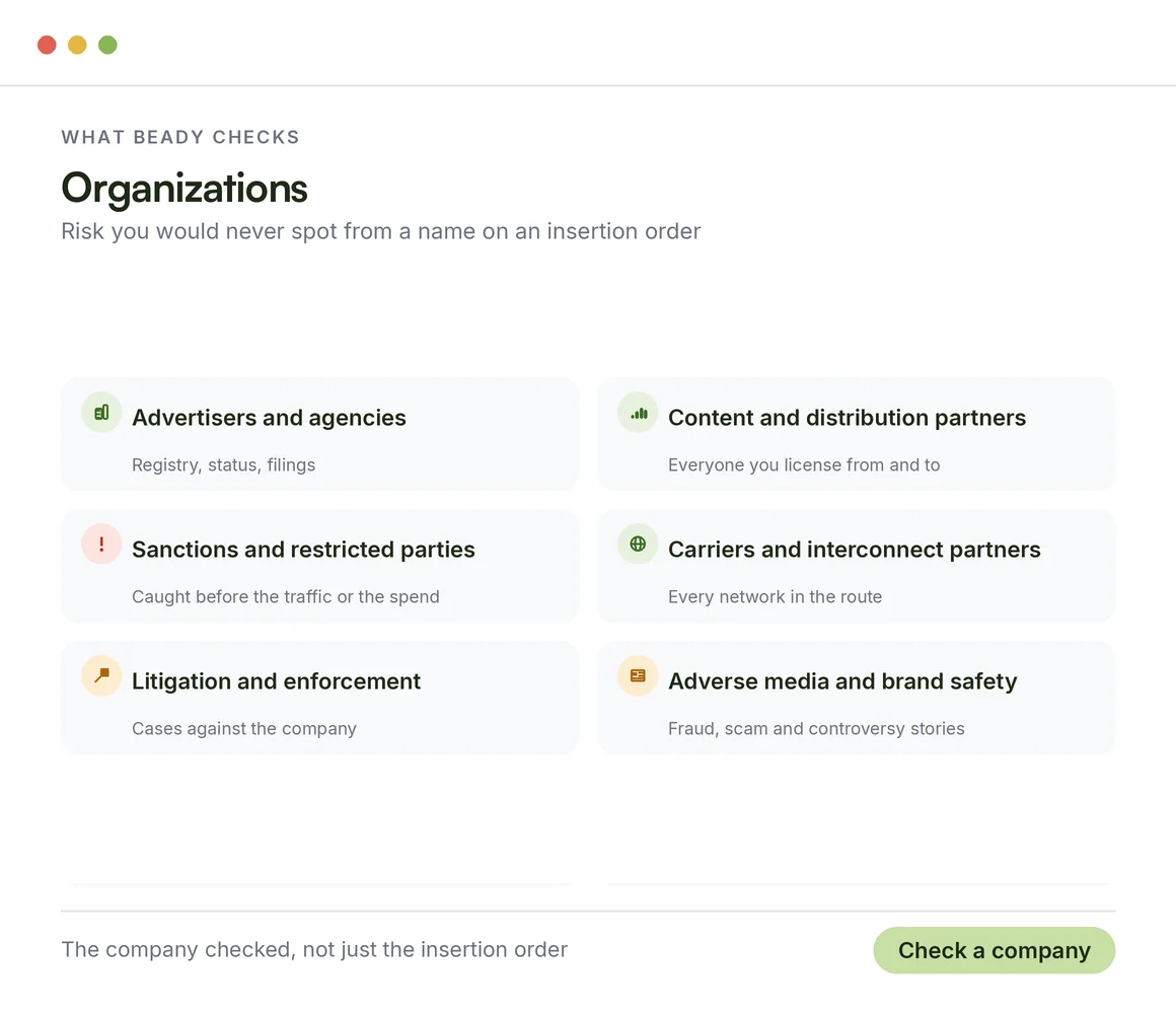 What Beady checks: media and telecom organizations