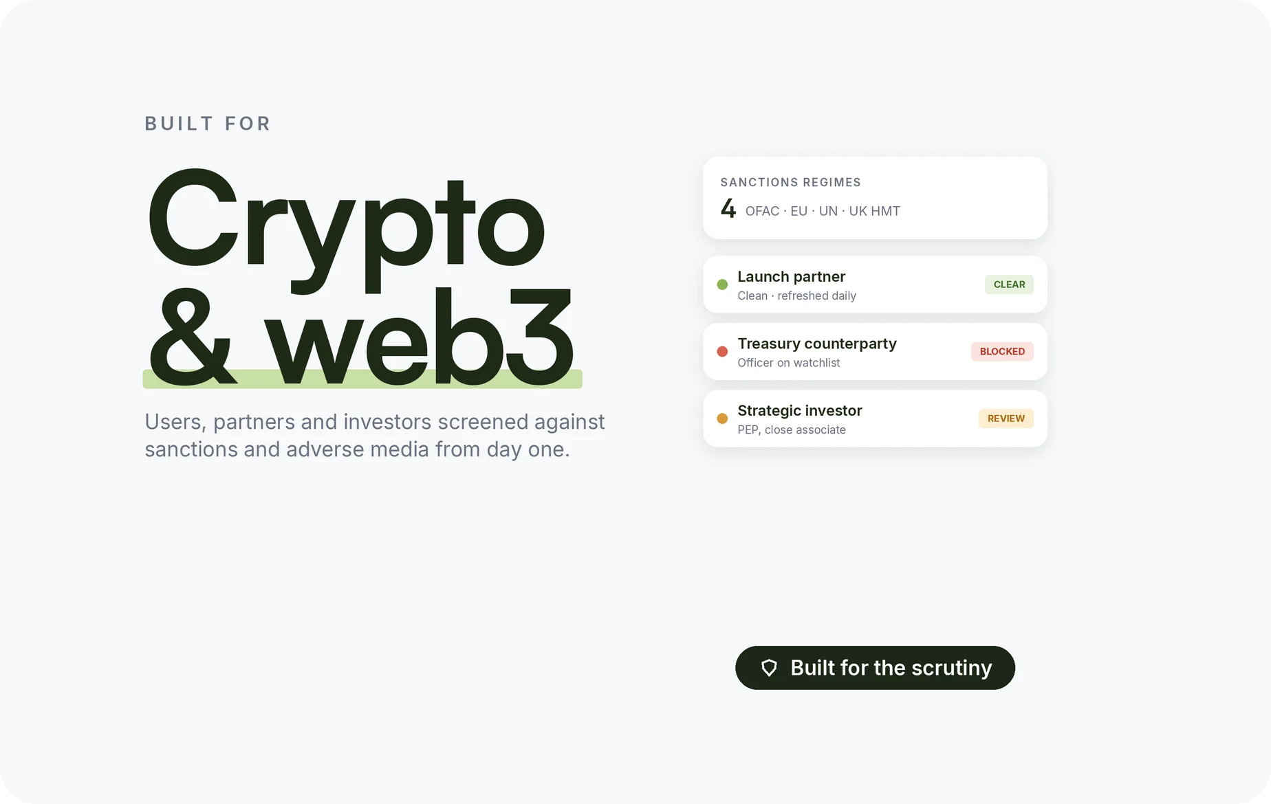 Sanctions and adverse-media screening for crypto and web3 startups