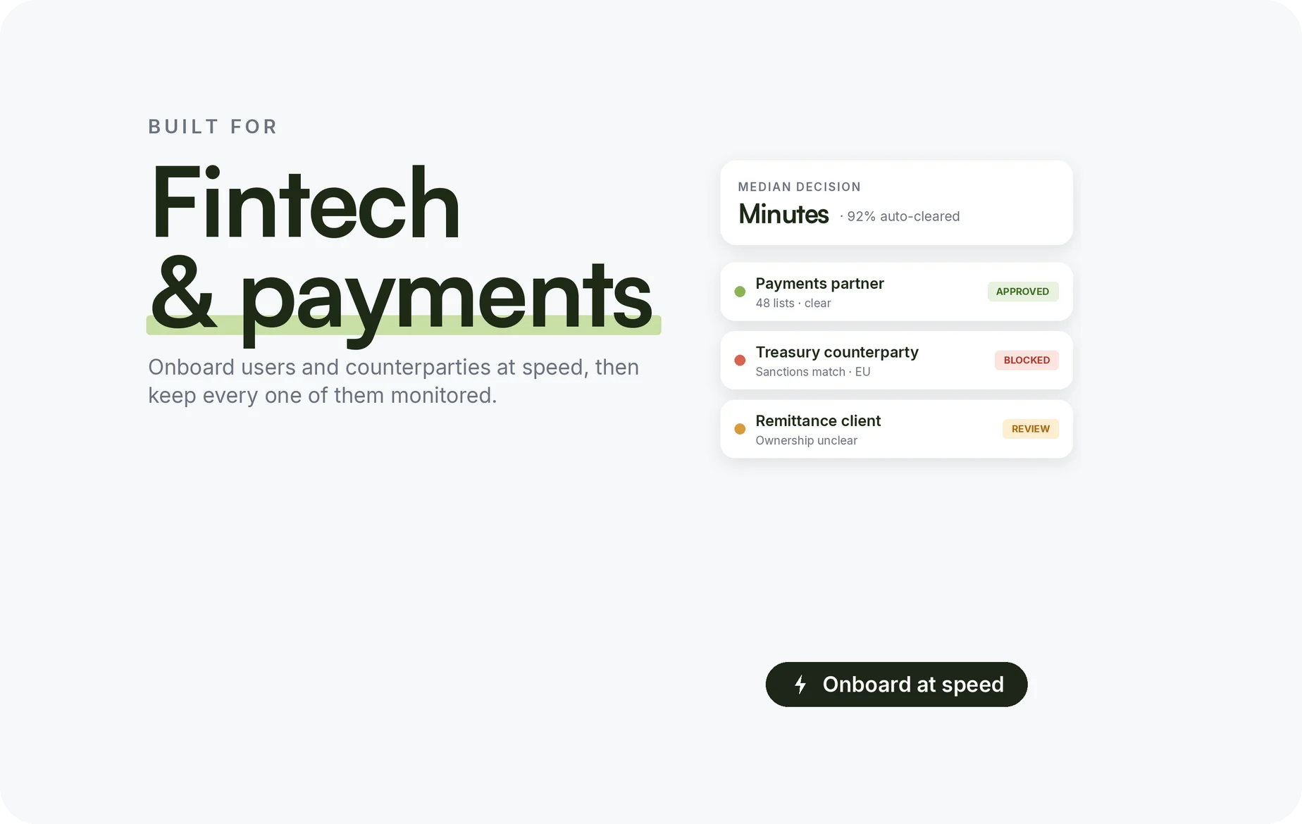 Counterparty screening and onboarding for fintech startups