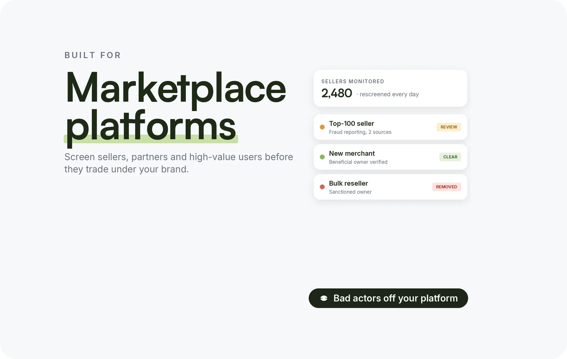 Seller and high-value user screening for marketplace startups
