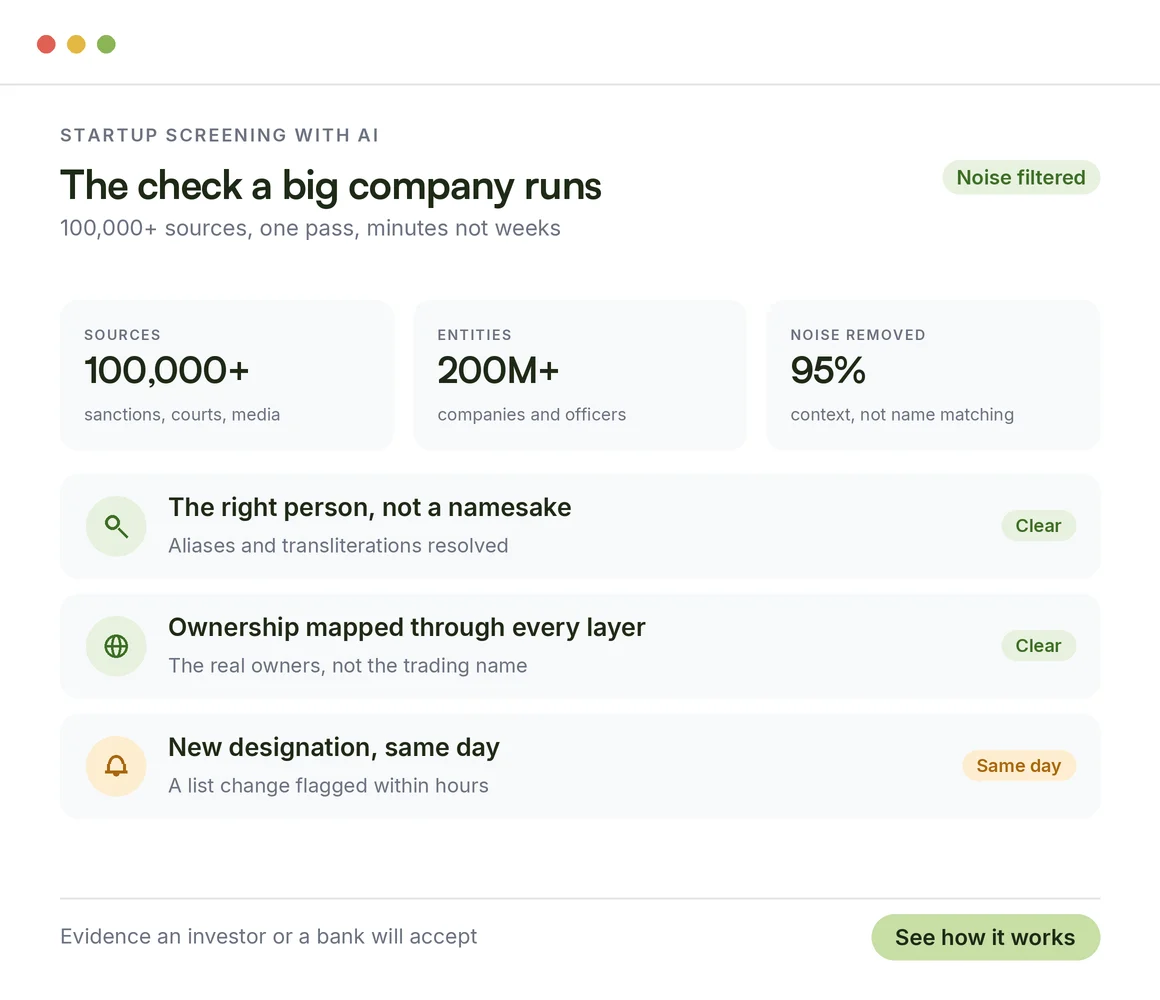 One pass across 100,000+ sources with ownership mapped and designations flagged the same day