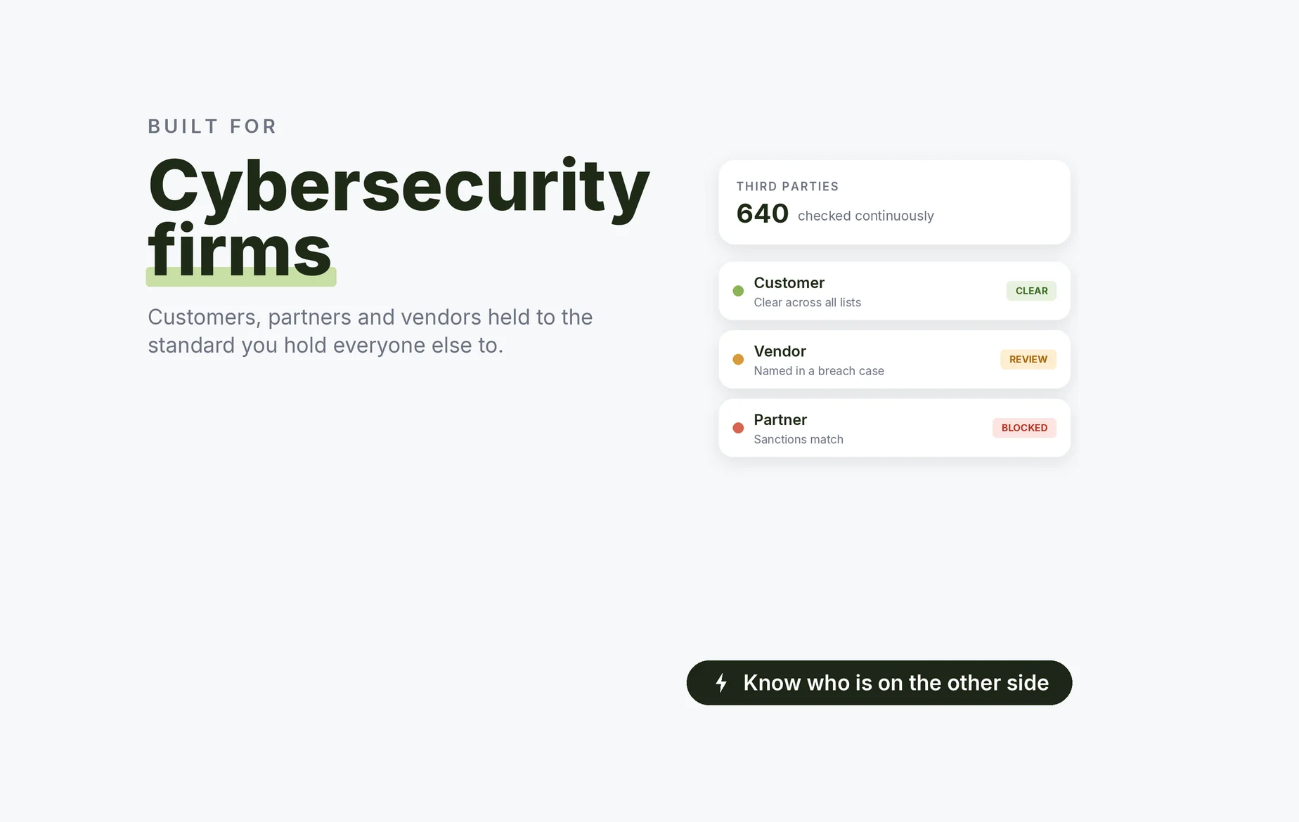 Beady for cybersecurity firms: customer clear, a vendor named in a breach case under review, a partner blocked on a sanctions match