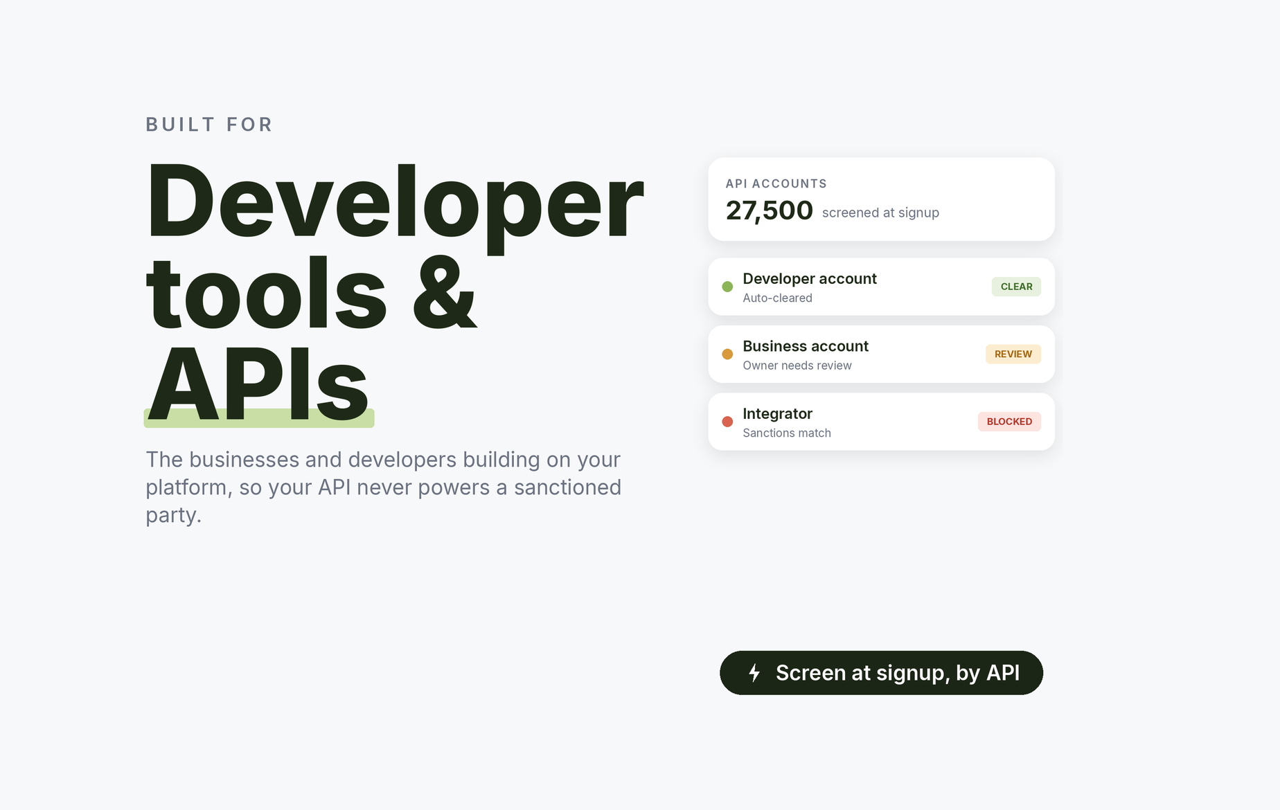 Beady for developer tools and APIs: developer accounts auto-cleared at signup, a business account whose owner needs review, an integrator blocked on a sanctions match