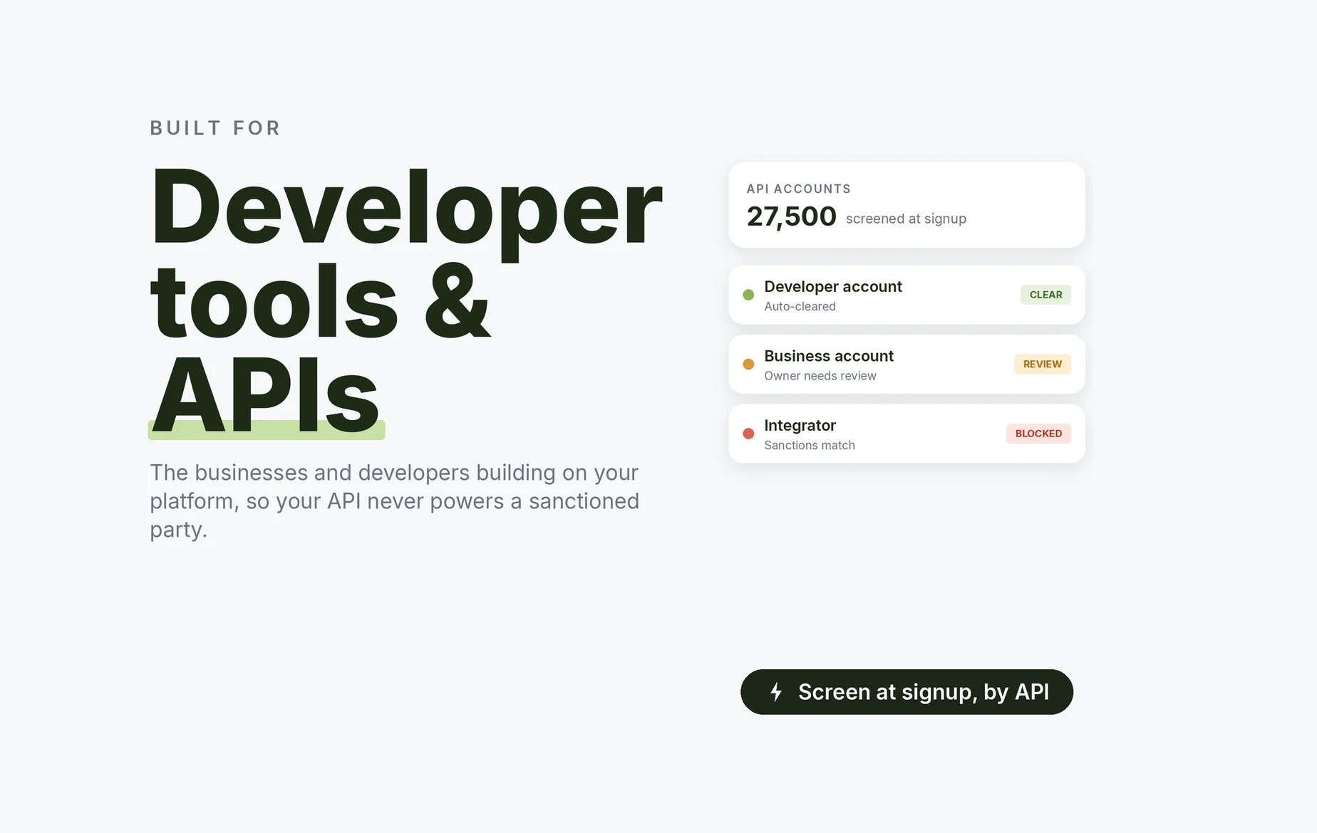 Beady for developer tools and APIs: developer accounts auto-cleared at signup, a business account whose owner needs review, an integrator blocked on a sanctions match