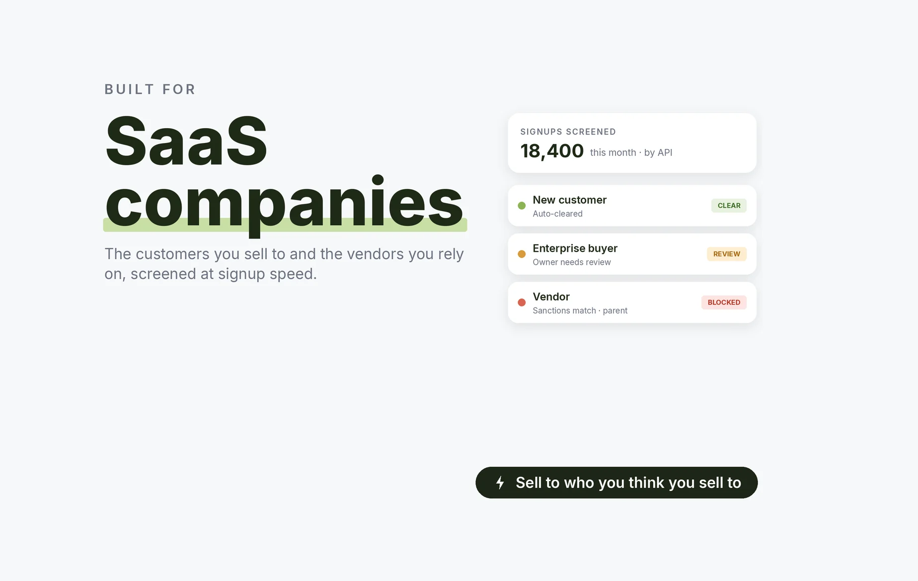 Beady for SaaS companies: new customers auto-cleared by API, an enterprise buyer whose owner needs review, a vendor blocked on a parent sanctions match