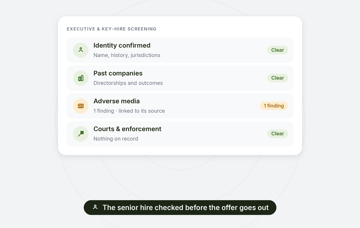 Executive and key-hire screening: identity confirmed, past companies and directorships, one adverse media finding linked to its source, courts and enforcement clear