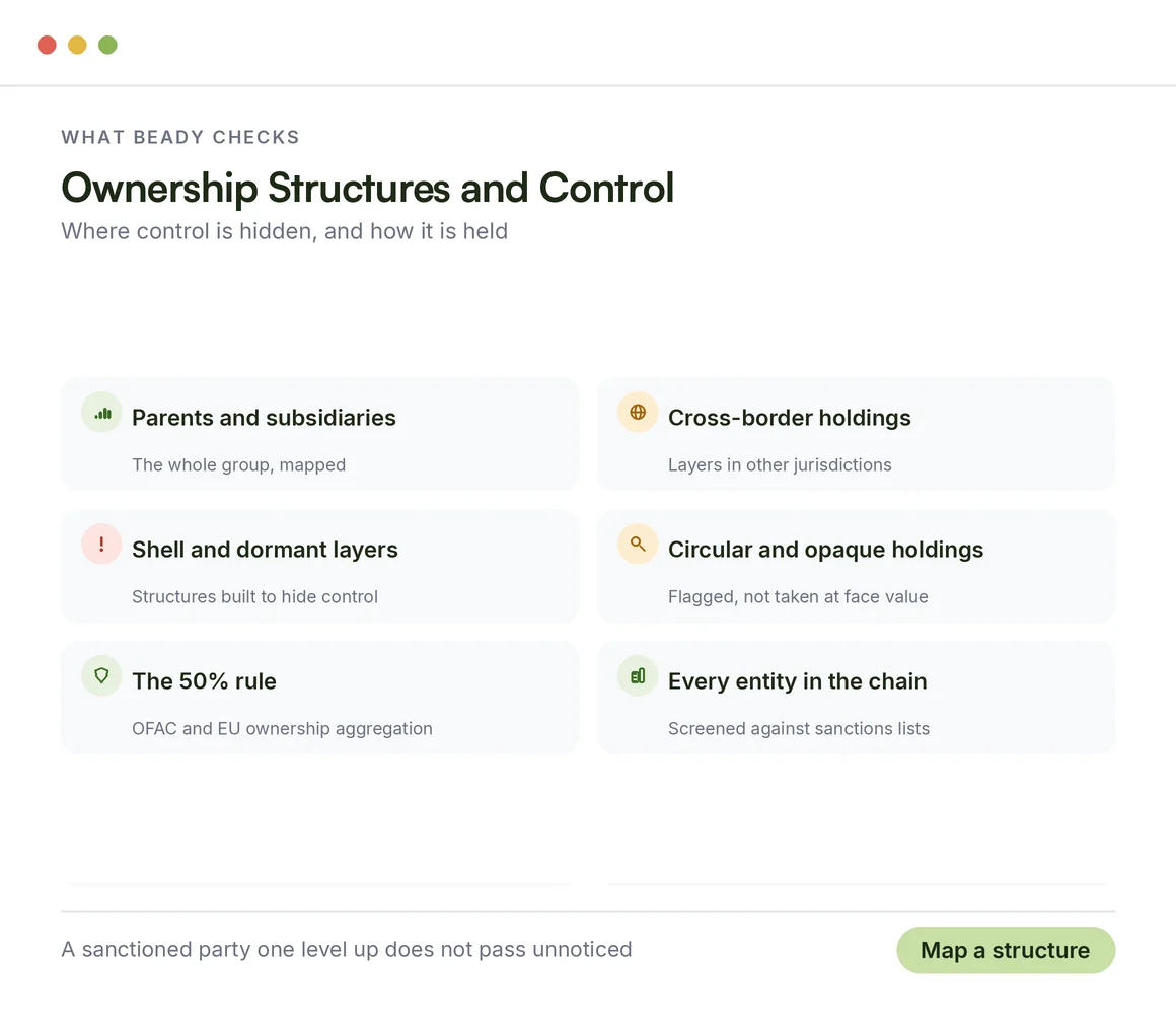 What Beady checks in ownership structures: parents and subsidiaries, cross-border holdings, shell layers, circular holdings, the 50% rule, every entity in the chain