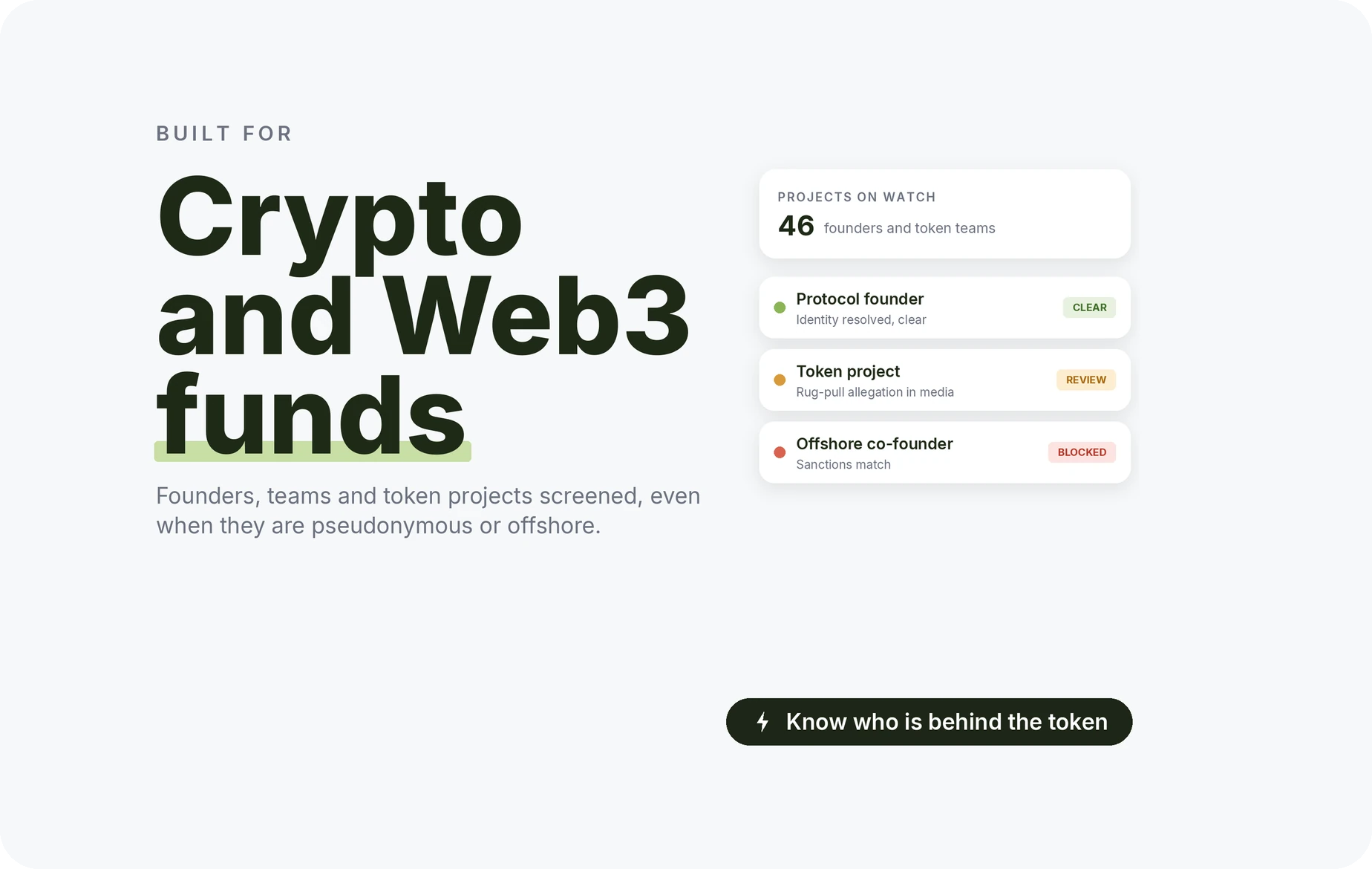 Beady for crypto and Web3 funds: protocol founder cleared, a token project with a rug-pull allegation under review, an offshore co-founder blocked on a sanctions match