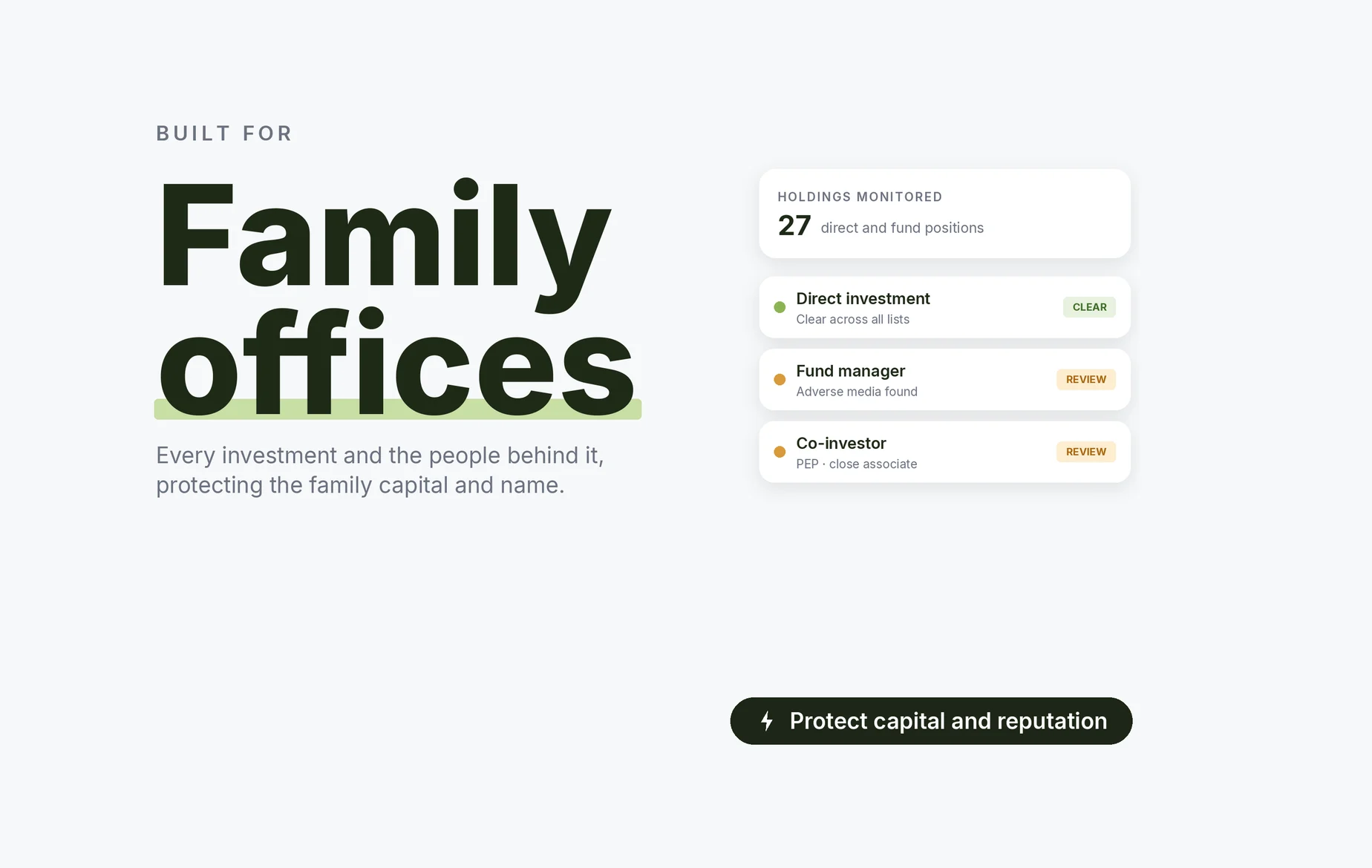 Beady for family offices: direct investments clear, a fund manager with adverse media under review, a co-investor who is a PEP close associate