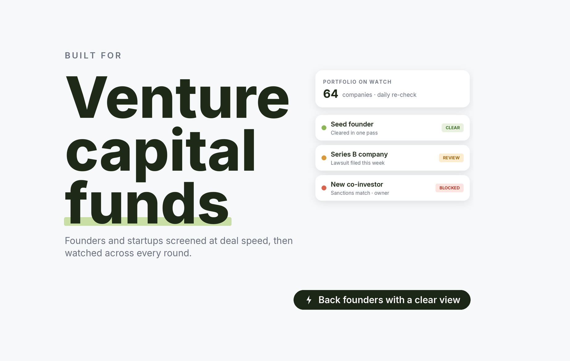 Beady for venture capital funds: seed founder cleared, a Series B company with a new lawsuit under review, a new co-investor blocked on a sanctions match