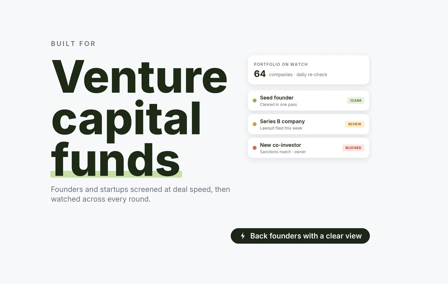 Beady for venture capital funds: seed founder cleared, a Series B company with a new lawsuit under review, a new co-investor blocked on a sanctions match