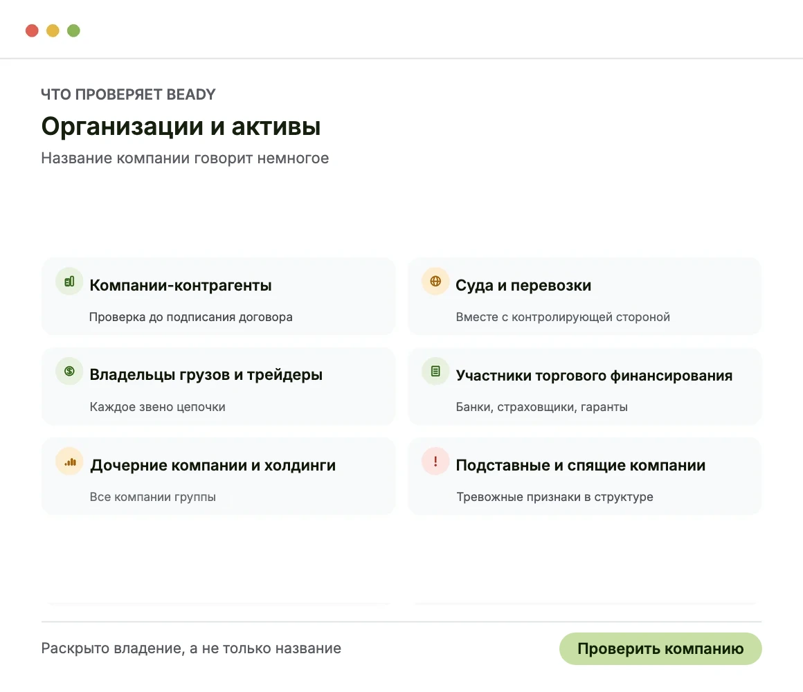 Что проверяет Beady: организации и активы