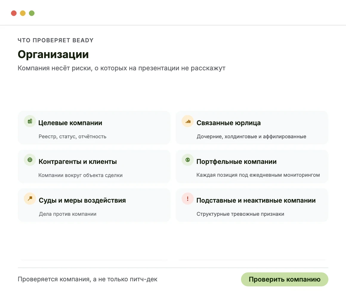Что проверяет Beady: организации
